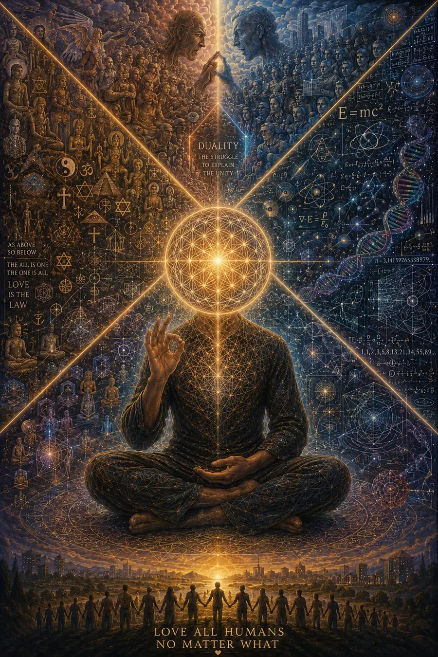 A symbolic composition of religion and science meeting at a luminous geometric center.