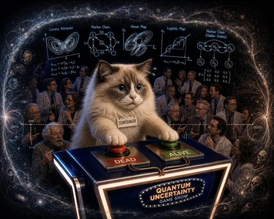 A cat on a game show titled Quantum Uncertainty, a paw on each of two buttons marked alive and dead.